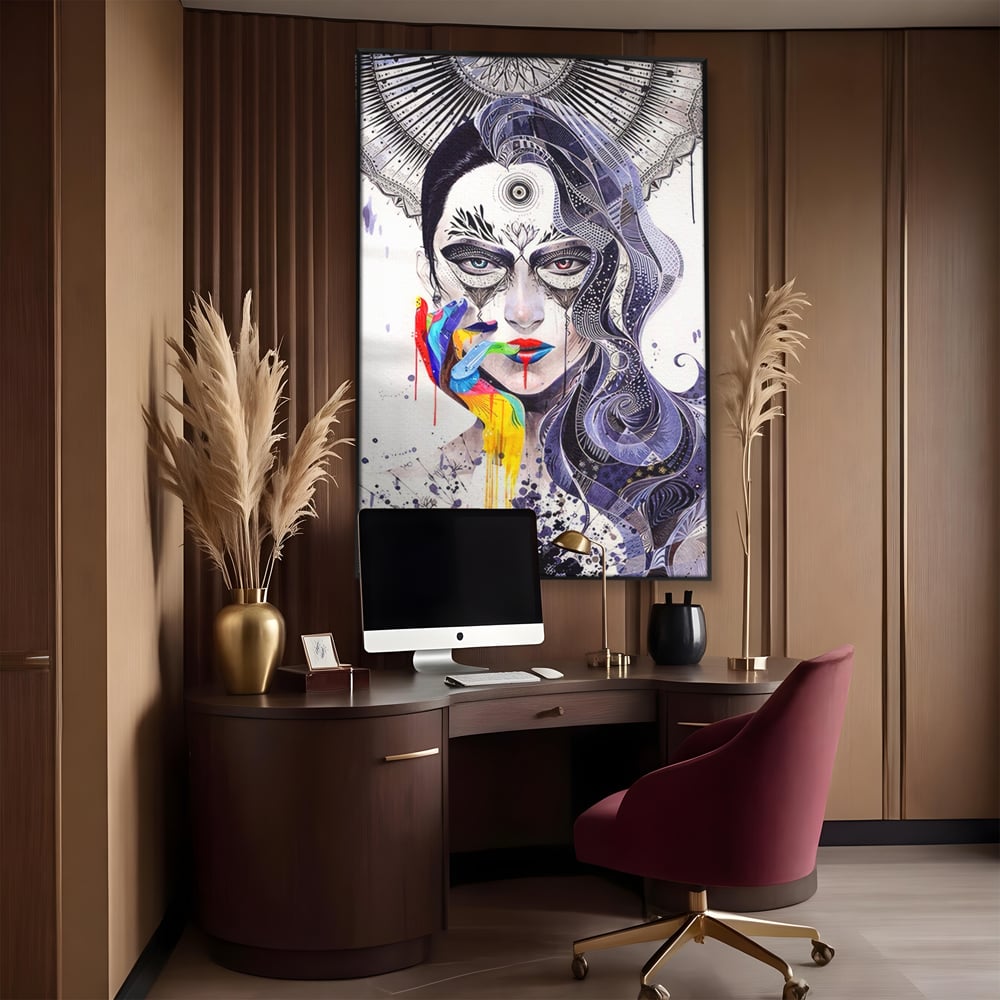 Tablou canvas cu tablou canvas cu portret abstract feminin, in rama de aluminiu negru, pe perete intr-un birou